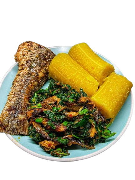 Fried fish with ugwu greens and boiled plantain