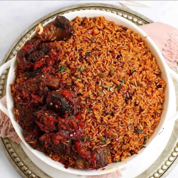 Nigerian Jollof rice with peppered beef